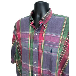 Vintage Polo Ralph Lauren Madras Cotton Shirt Pink Red Green Plaid Men's XL